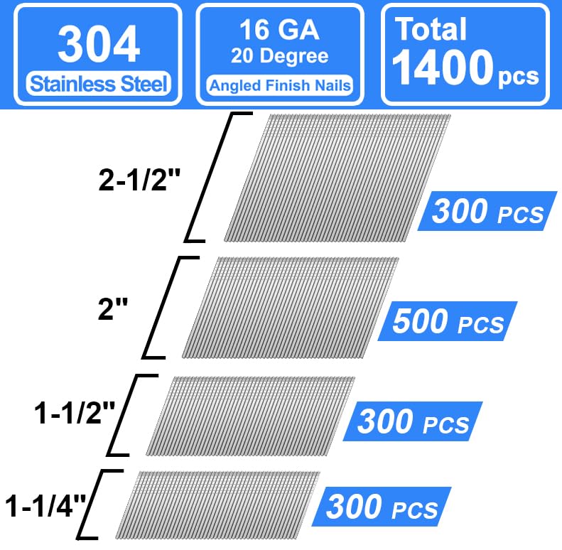 SimCos 16 Gauge 304 Stainless Steel Angled Finish Nails – 1-1/4” to 2-1/2 Inch, 20-Degree | Compatible with Pneumatic/Electric Angled Finish Nailers & Nail Guns (1-1/4"+1-1/2"+2"+2-1/2"-1400 pcs) - Image 3
